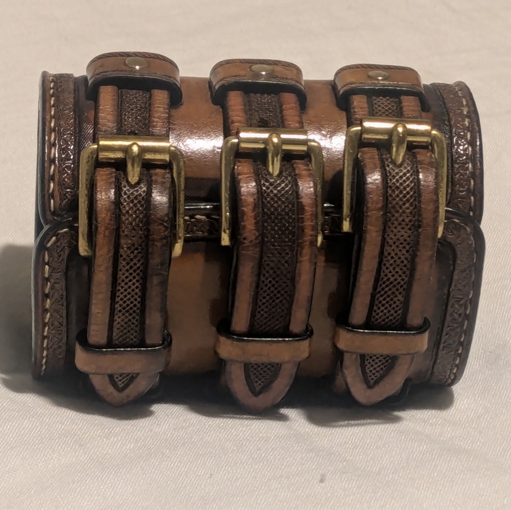 Hand tooled Wide Leather Cuff Bracelet with Triple Straps - Picture 3 of 12